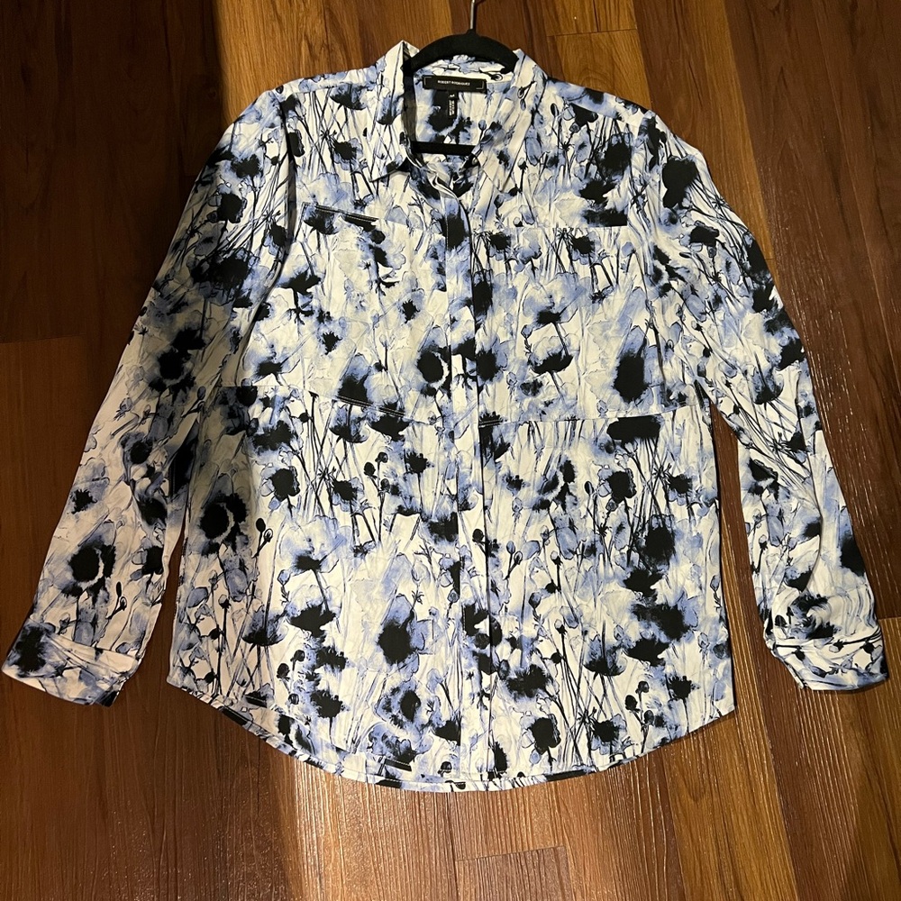 Robert Rodriguez watercolor floral print blue collared button down blouse medium